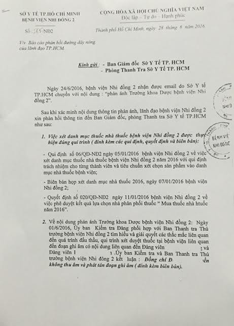 Xác minh nghi vấn ép bổ sung danh sách dự thầu thuốc tại BV Nhi đồng 2 - ảnh 1
