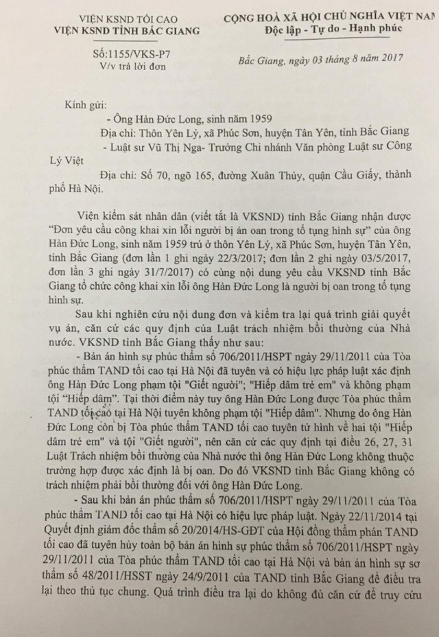 Viện KSND Bắc Giang bác yêu cầu đòi xin lỗi của ông Hàn Đức Long - ảnh 2