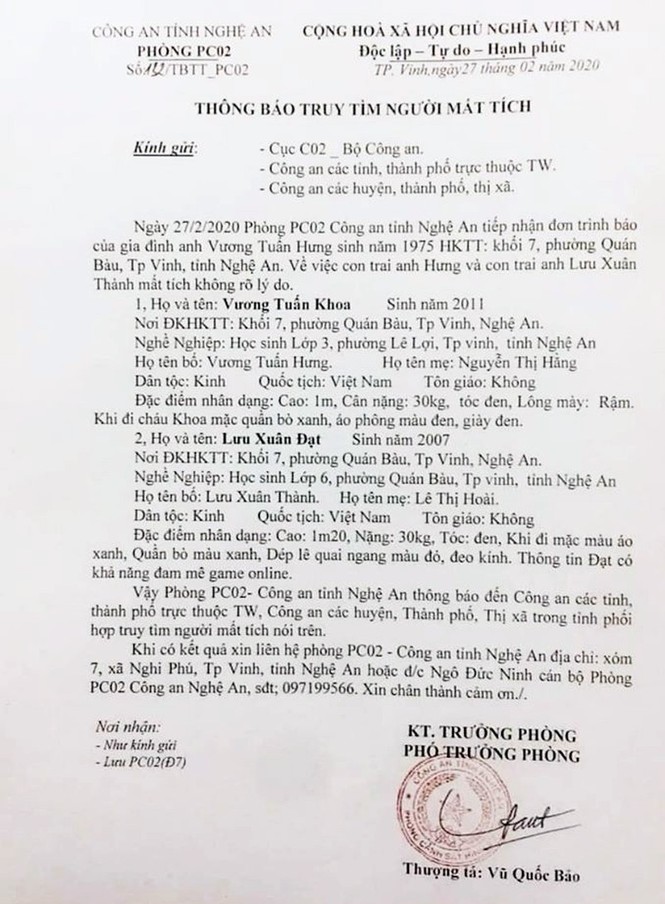 Công an Nghệ An phát thông báo tìm 2 nam sinh mất tích - ảnh 1