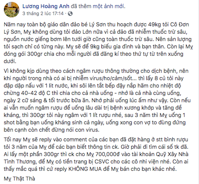 Bà Lương Hoàng Anh bị phạt 12,5 triệu đồng vì tung tin thất thiệt về tỏi Lý Sơn - ảnh 1