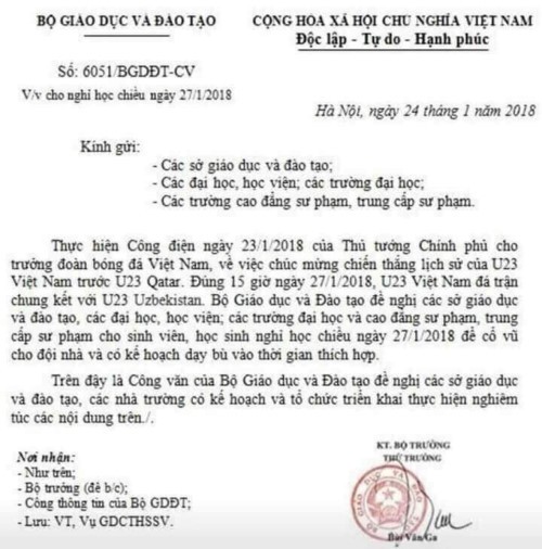 Giả mạo công văn Bộ Giáo dục cho sinh viên đi cổ vũ U23 Việt Nam - ảnh 1