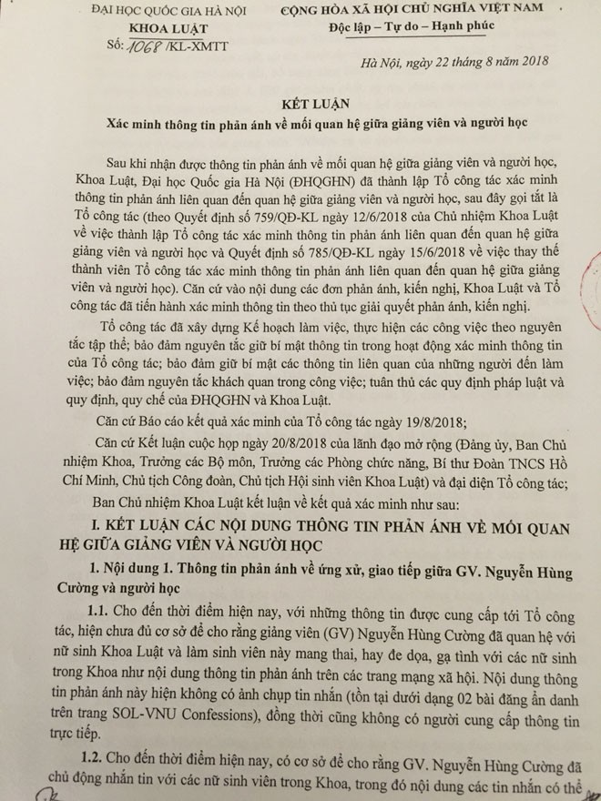 Khoa luật kết luận gì về vụ giảng viên bị tố ‘gạ tình’ sinh viên? - ảnh 1