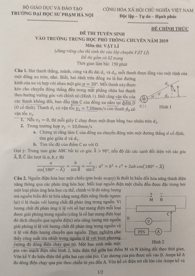 Đề thi môn Vật lí trường THPT Chuyên ĐH Sư phạm: Rất khó, ‘khác lạ’ - ảnh 1