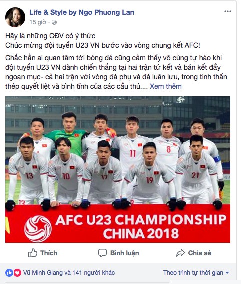 Hoa hậu Ngô Phương Lan kêu gọi fan cổ vũ U23 Việt Nam 'có ý thức' - ảnh 1