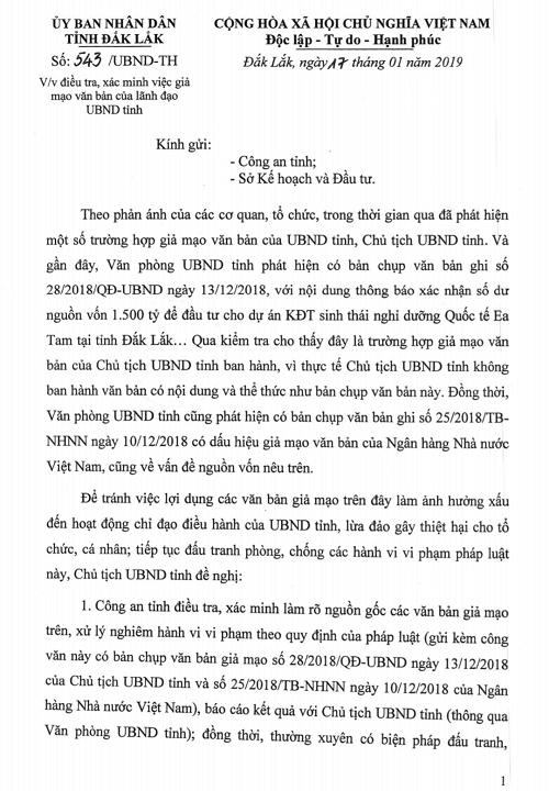 Cảnh báo giả mạo văn bản của UBND tỉnh thực hiện dự án 1.500 tỷ - ảnh 1