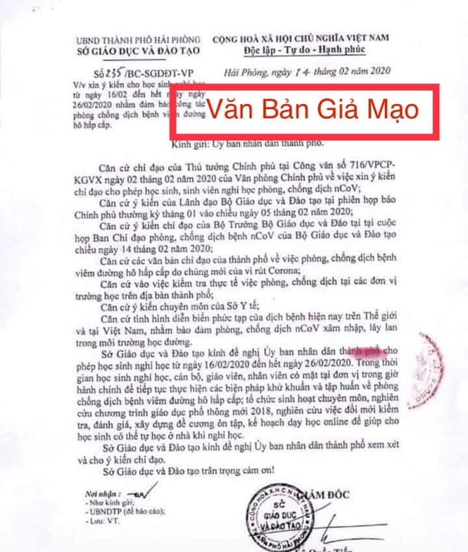 Lan truyền văn bản giả mạo việc Hải Phòng cho học sinh nghỉ học - ảnh 1