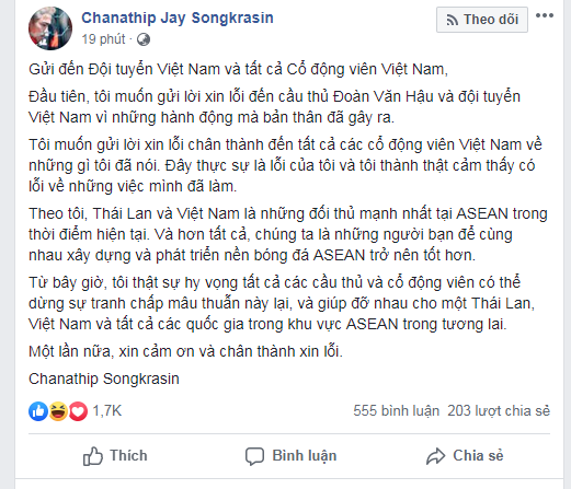 ‘Messi Thái Lan’ hối hận, xin lỗi CĐV Việt Nam vì đòi đánh Văn Hậu - ảnh 1