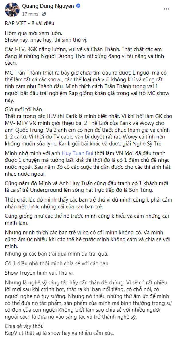 Đạo diễn Quang Dũng, nhạc sĩ Huy Tuấn tặng ‘mưa' lời khen cho ‘Rap Việt’ và MC Trấn Thành - ảnh 2