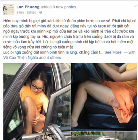 Lan Phương hoảng loạn vì bị cướp giật túi xách, kéo lê trên đường - ảnh 1