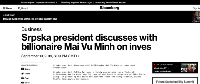 Bloomberg đưa tin Tổng thống Srpska thảo luận với tỷ phú Mai Vũ Minh về hợp tác - ảnh 1