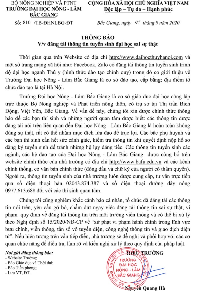 Thông báo v/v đăng tải thông tin tuyển sinh đại học sai sự thật - ảnh 2 Thông báo v/v đăng tải thông tin tuyển sinh đại học sai sự thật - ảnh 2