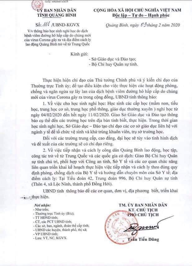 Quảng Bình cho học sinh nghỉ học vì dịch cúm corona - ảnh 1