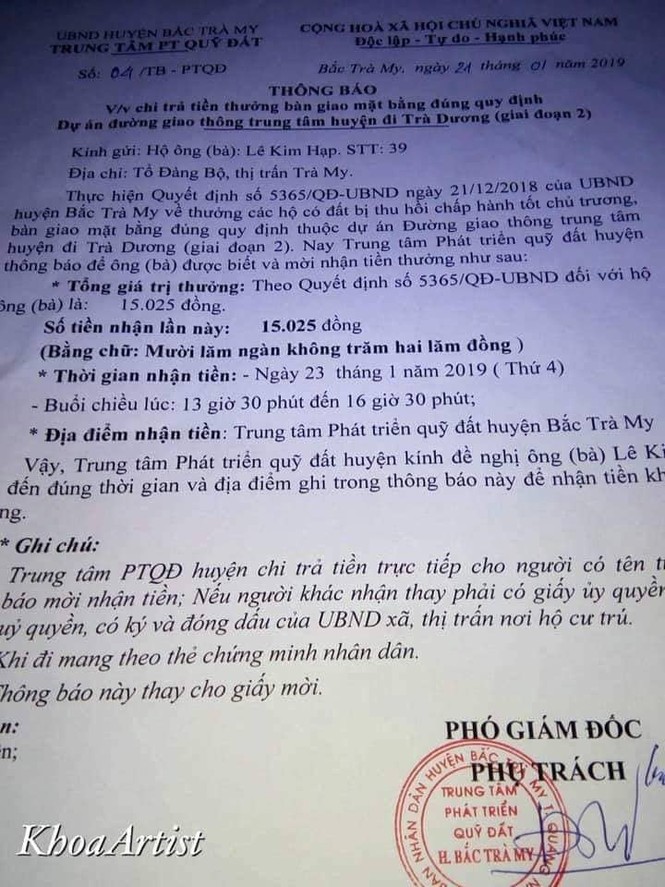 thưởng 15 ngàn đồng cho họ dân ở Quảng Nam bàn giao mặt bằng sớm - ảnh 1