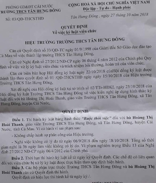 Nữ giáo viên bị buộc thôi việc vì không chịu...làm nhân viên - ảnh 1
