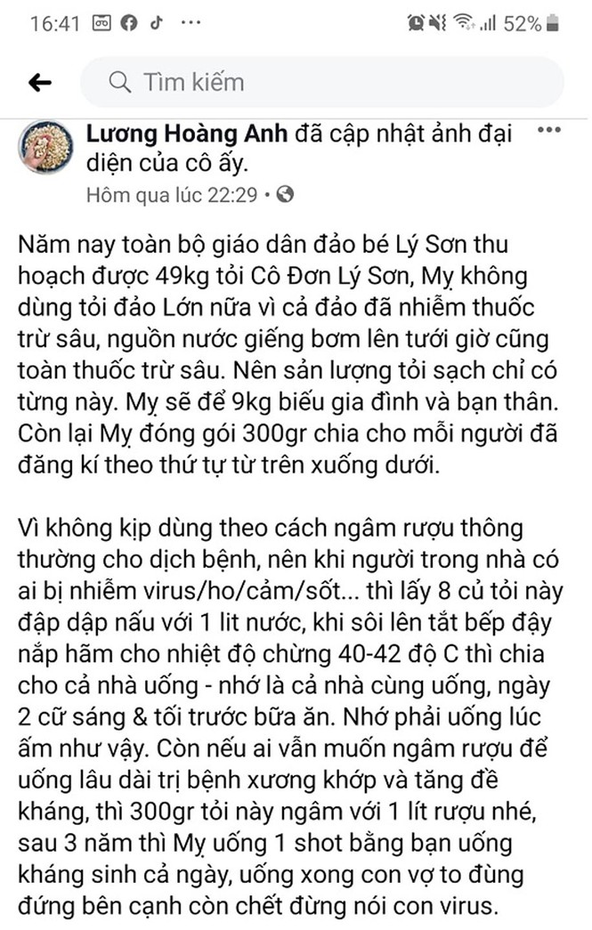 Đăng “tin vịt” về tỏi Cô đơn ở Lý Sơn, chủ tài khoản facebook bị đề nghị xử lý - ảnh 1