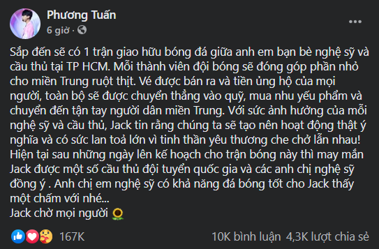 Chung tay với FC Đóm, Jack tìm đồng đội tham gia trận bóng “Chi viện rốn lũ miền Trung” - ảnh 1