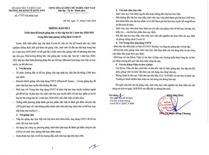 Đại học Kinh Tế Quốc Dân triển khai phương pháp đào tạo kết hợp trực tiếp và trực tuyến, sinh viên được quyền đến lớp hoặc học tại nhà. - ảnh 1