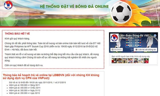 VFF bán hết vé online trận bán kết Việt Nam - Philippines - ảnh 1