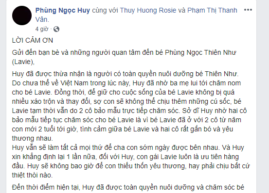Phùng Ngọc Huy thông báo đã được toàn quyền nuôi dưỡng bé Lavie - ảnh 1