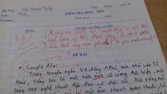 Sử dụng tiếng Anh trong bài kiểm tra Văn, nam sinh bị cô giáo