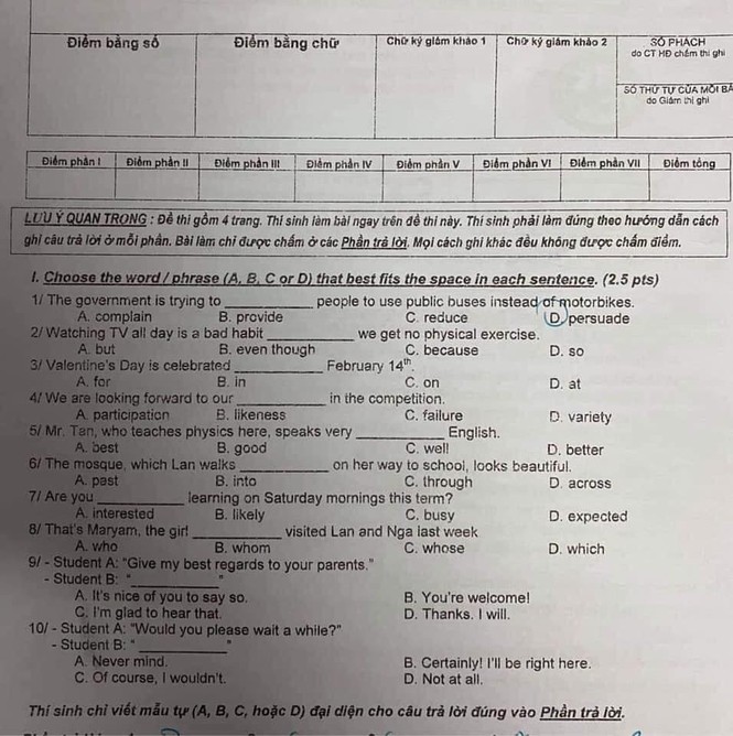 Đề thi và đáp án môn Tiếng Anh tuyển sinh 10 năm học 2020-2021 - ảnh 1