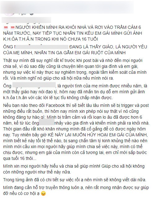 Chia sẻ mới nhất của chàng trai tố người tình của mẹ gạ gẫm em gái chưa đủ 16 tuổi - ảnh 1