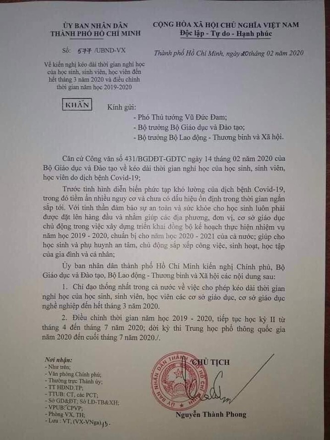 TPHCM kiến nghị Chính phủ cho học sinh nghỉ học đến hết tháng 3 vì dịch Covid-19 - ảnh 1