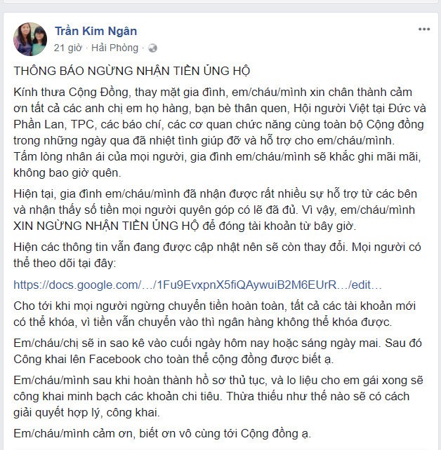Gia đình nữ du học sinh tử vong tại Đức dừng nhận tiền ủng hộ - ảnh 1