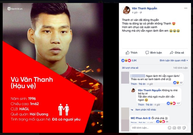 Vân Hugo làm thơ lục bát, 'thả thính' hậu vệ Vũ Văn Thanh - ảnh 1