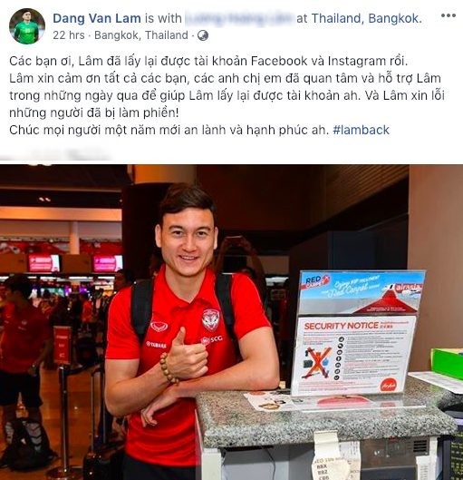 Vui mừng lấy lại tài khoản Facebook, Đặng Văn Lâm không quên xin lỗi vì làm phiền NHM - ảnh 1