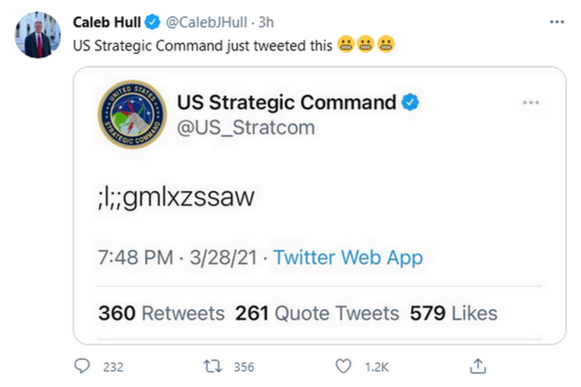 Dòng kí tự khó hiểu được đăng tải trên trang Twitter của Bộ Tư lệnh Chiến lược Mỹ.