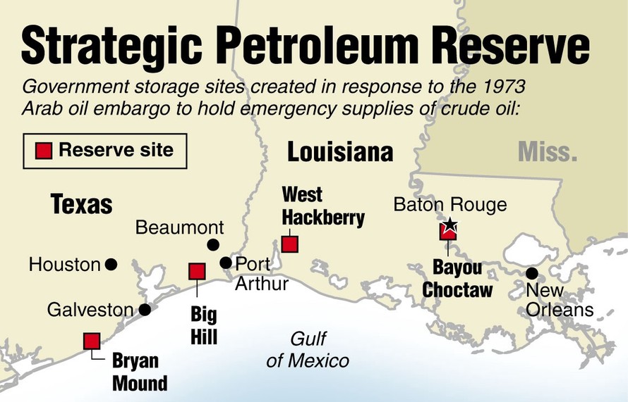 Vị trí các kho dự trữ dầu chiến lược của Mỹ. Đồ họa: Guttman Energy. 