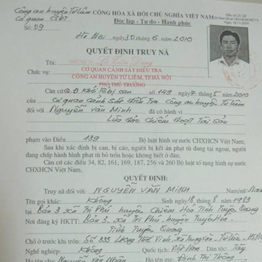Lệnh truy nã đối tượng Nguyễn Văn Minh