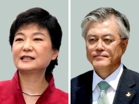 Ứng viên Đảng Đại dân tộc, bà Park Geun Hye (trái) và ứng viên Đảng Dân chủ thống nhất, ông Moon Rae-in