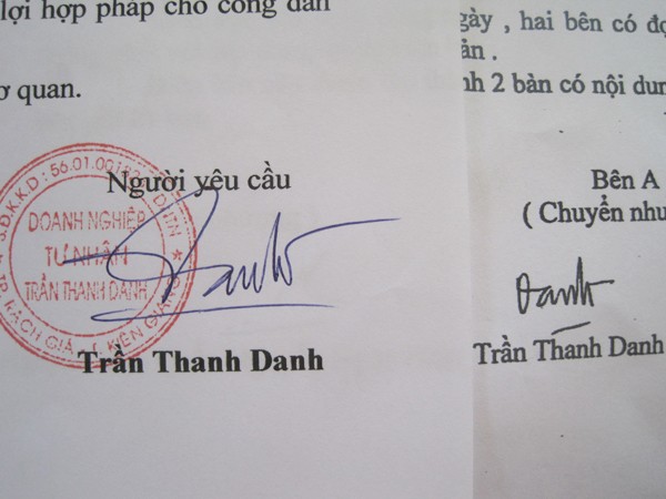 Vợ chồng ông Quốc đã sử dụng chữ ký giả mạo (phải) của ông Danh để sang nhượng 30 ha đất của DNTN Trần Thanh Danh
