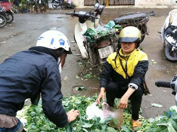 Chị Nguyễn Thị Vân (Khoái Châu- Hưng Yên) buồn bã khi một củ su hào và một chiếc súp lơ chỉ bán giá 1.500 đồng