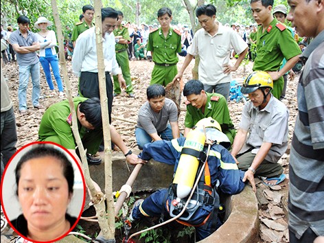 Lực lượng chức năng xuống giếng để tìm chứng cứ (ảnh lớn) và bà Lê Thị Hường (ảnh nhỏ)