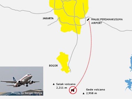 Chiếc máy bay Sukhoi và đồ họa hành trình trước khi mất tích. Ảnh: Ria Novosti