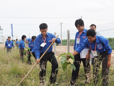Đại biểu thanh niên tiên tiến miền Đông Nam bộ 2011 tham gia phủ xanh làng thanh niên lập nghiệp ở xã Ninh Điền, Châu Thành, Tây Ninh Ảnh: L.Q.M