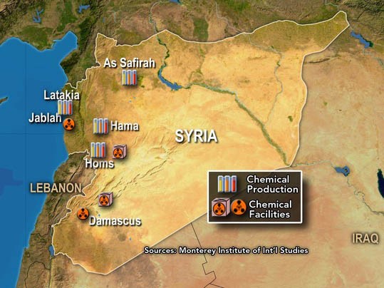 Bản đồ một số cơ sở sản xuất và lưu trữ vũ khí hóa học Syria của Viện Monterey, Mỹ