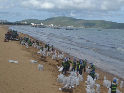 Hàng trăm người 'chiến đấu' với dầu loang biển Quy Nhơn