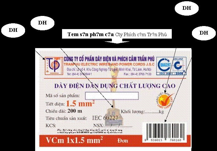 Tem sản phẩm của Cty Phích cắm Trần Phú tự tiện in những dấu hiệu riêng của Cty Cơ điện Trần Phú.