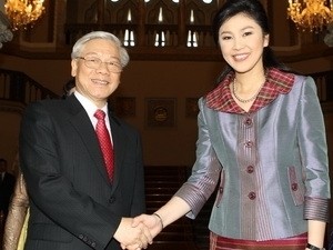 Tổng Bí thư Nguyễn Phú Trọng và Thủ tướng Thái Lan Yingluck Shinawatra. (Ảnh: Trí Dũng/TTXVN)