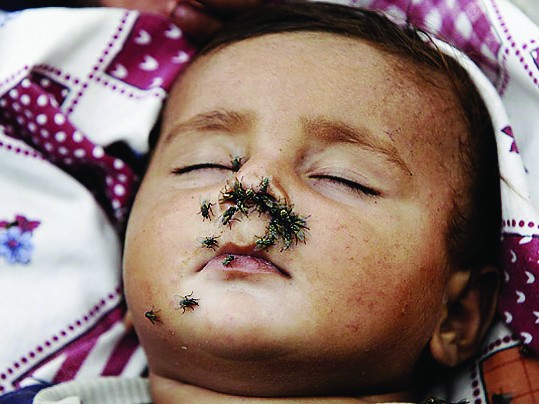 Em bé Pakistan ngủ trong lều tạm vì nhà em bị lũ cuốn trôi Ảnh: Mohammad Sajjad
