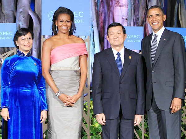 Tổng thống Mỹ Barack Obama và Phu nhân đón Chủ tịch nước Trương Tấn Sang và Phu nhân Ảnh: TTXVN