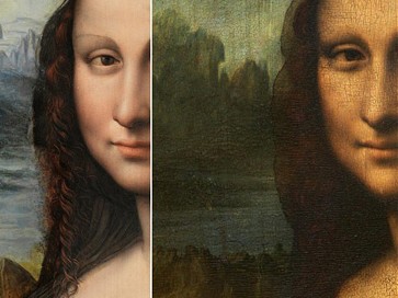 Tác phẩm bản sao (trái) và bức Mona Lisa nguyên bản