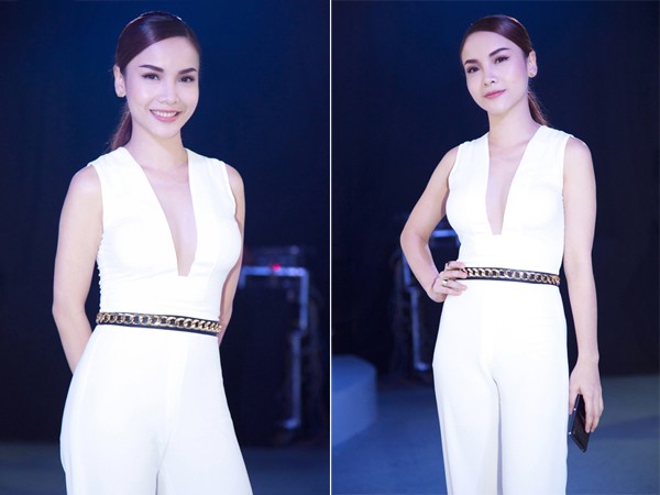 Yến Trang mặc jumpsuit trắng muốt tự thiết kế đi event
