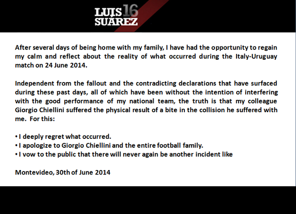 Bản thông báo xin lỗi của Suarez