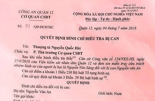 Cơ quan điều tra quyết định đình chỉ vụ án. Ảnh: Tân Châu