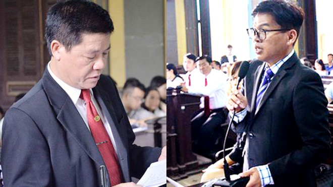 Đại diện Vinasun (trái) và đại diện Grab (phải) tại phiên tòa sơ thẩm. Ảnh: Tiền Phong